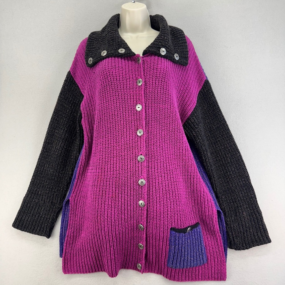 Margaret‎ Winters Sweater Womens L Pink Purple Cardigan Colorblock Lagenlook USA